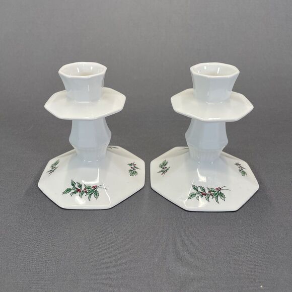 Nikko Christmastime Candlestick Holders 3 7/8" Set of 2 Holly and Berries - Picture 1 of 8